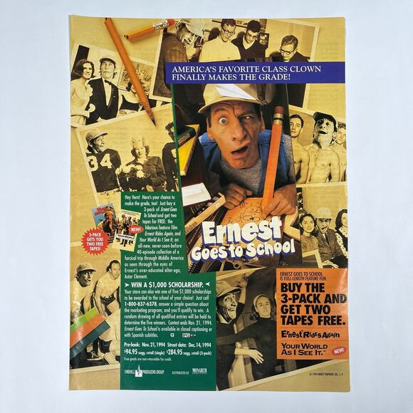 Vintage 90s Ernest Goes to School Movie Retailer VHS Promo Ad Advertisement Rare - Picture 1 of 4